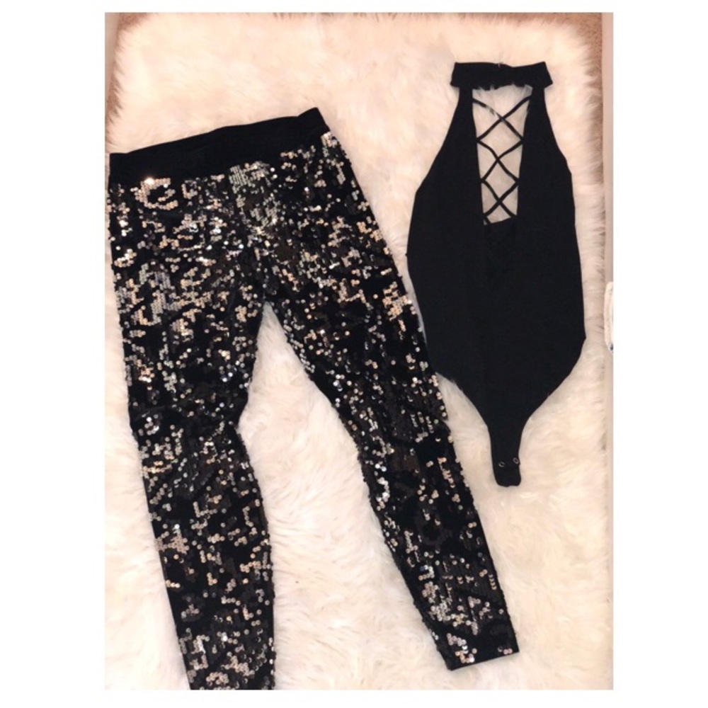 NYE outfit sequined pant leggings & body suit
